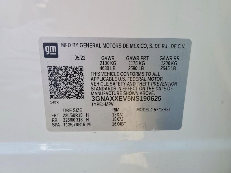 Aukcja sprzedaży 2022 Chevrolet Equinox, vin: 3GNAXXEV5NS190625, numer aukcji: 51017116