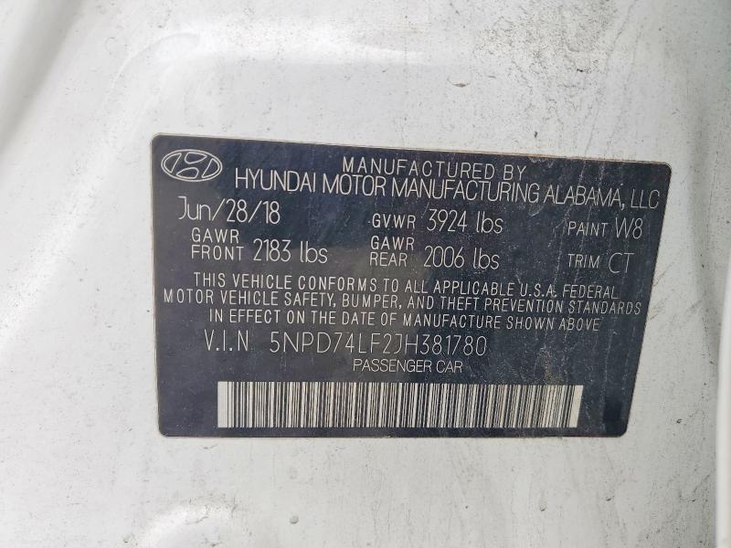53264436 :رقم المزاد ، 5NPD74LF2JH381780 vin ، 2018 Hyundai Elantra مزاد بيع