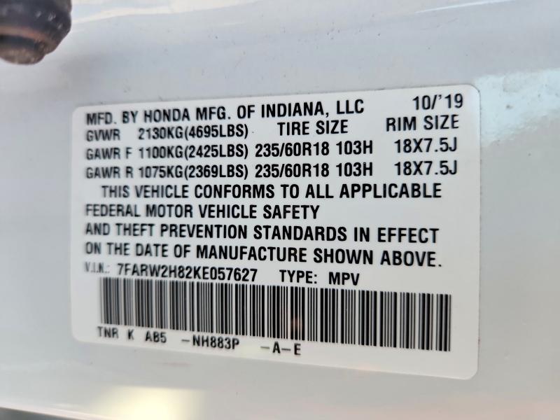 52588156 :رقم المزاد ، 7FARW2H82KE057627 vin ، 2019 Honda Cr-v مزاد بيع