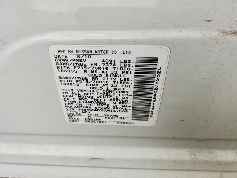 53831216 :رقم المزاد ، JN8AS5MV6AW147508 vin ، 2010 Nissan Rogue مزاد بيع