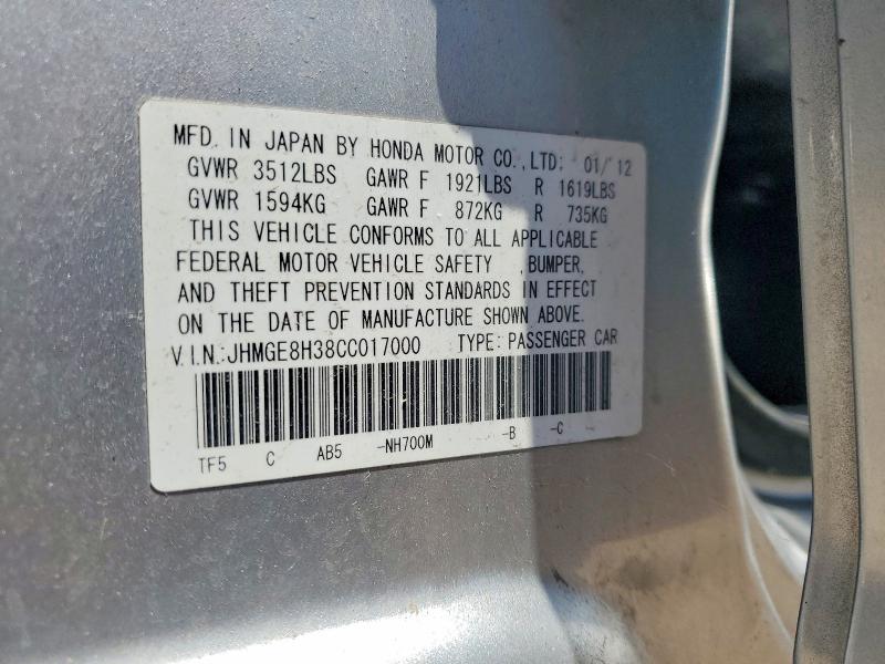 Продаж на аукціоні авто 2012 Honda Fit, vin: JHMGE8H38CC017000, номер лоту: 52954286