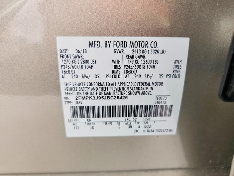 54131416 :رقم المزاد ، 2FMPK3J95JBC26425 vin ، 2018 Ford Edge مزاد بيع
