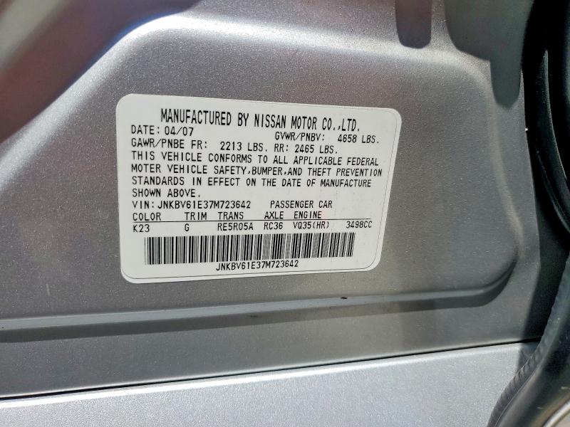 Продаж на аукціоні авто 2007 Infiniti G35, vin: JNKBV61E37M723642, номер лоту: 53107566