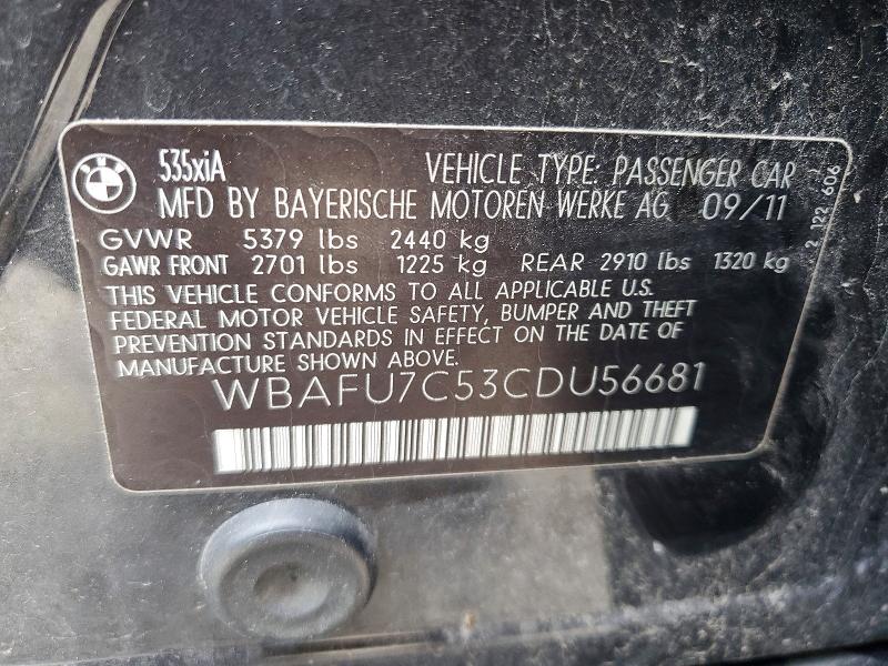 52340066 :رقم المزاد ، WBAFU7C53CDU56681 vin ، 2012 Bmw 535 مزاد بيع
