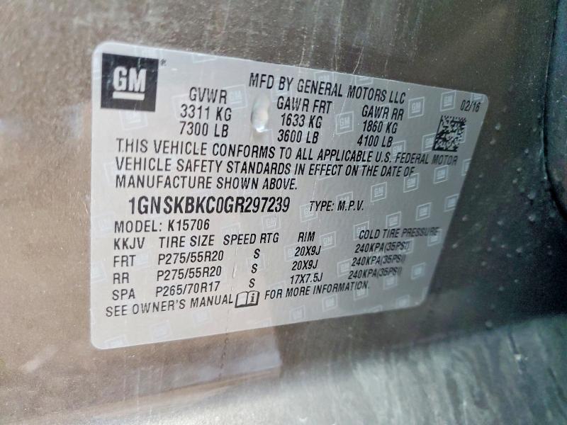 52074596 :رقم المزاد ، 1GNSKBKC0GR297239 vin ، 2016 Chevrolet Tahoe مزاد بيع