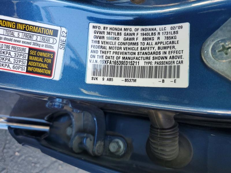 Продажа на аукционе авто 2009 Honda Civic, vin: 19XFA16539E015211, номер лота: 54646176