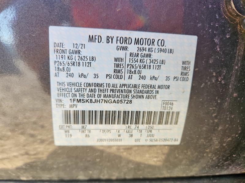 51983436 :رقم المزاد ، 1FMSK8JH7NGA05728 vin ، 2022 Ford Explorer مزاد بيع