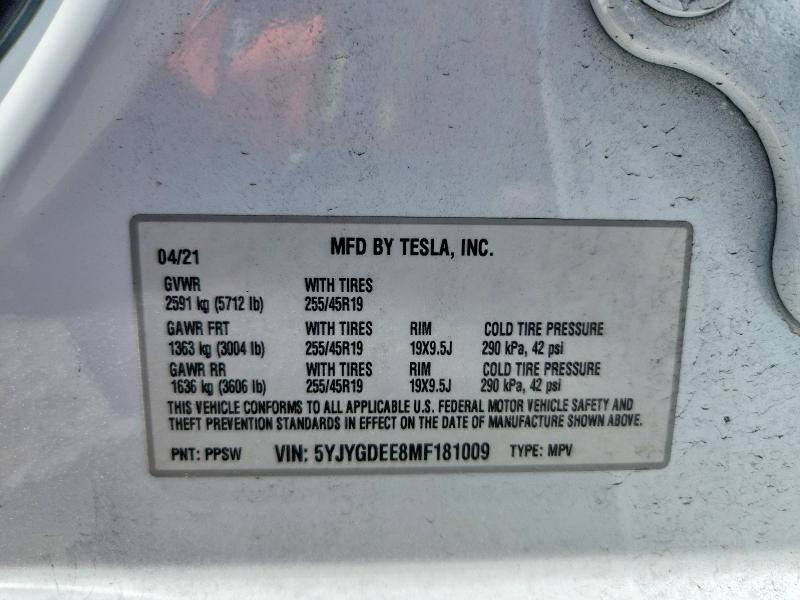 2021 Tesla Model Y მანქანა იყიდება აუქციონზე, vin: 5YJYGDEE8MF181009, აუქციონის ნომერი: 53653566