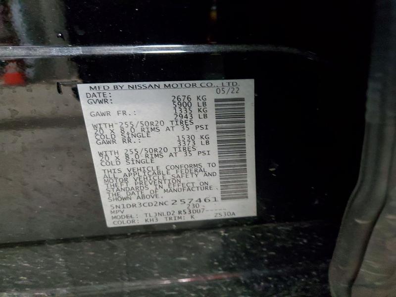 52405346 :رقم المزاد ، 5N1DR3CD2NC257461 vin ، 2022 Nissan Pathfinder مزاد بيع