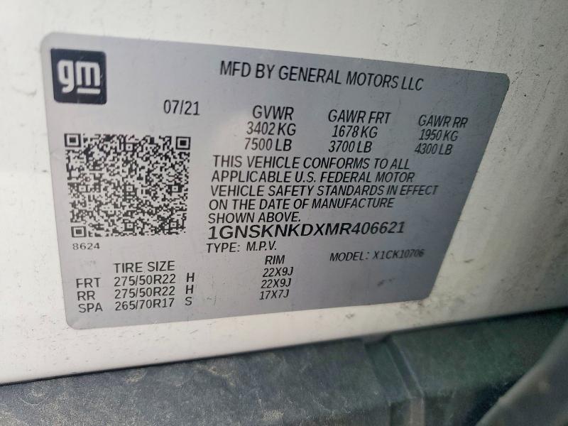 Aukcja sprzedaży 2021 Chevrolet Tahoe, vin: 1GNSKNKDXMR406621, numer aukcji: 54259886