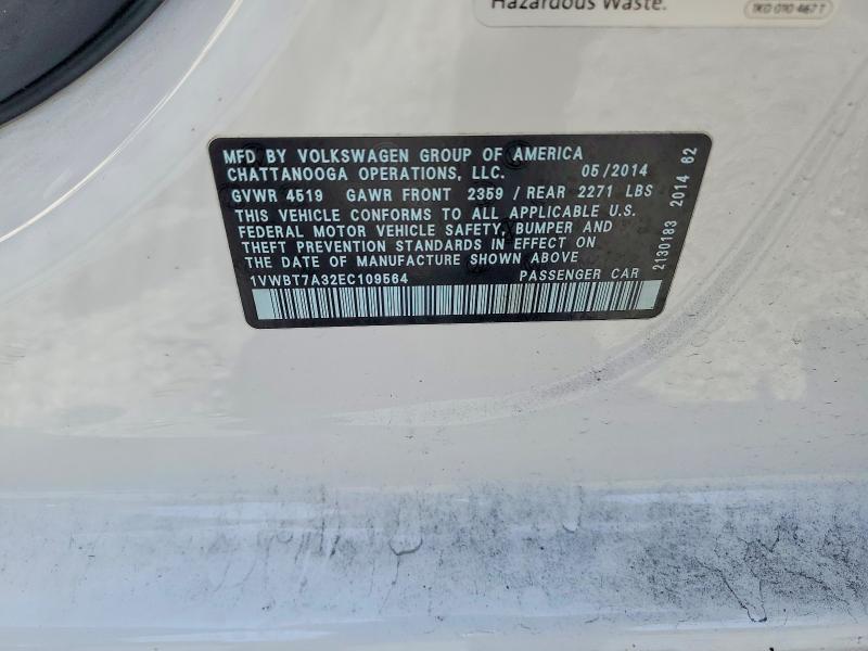 2014 Volkswagen Passat მანქანა იყიდება აუქციონზე, vin: 1VWBT7A32EC109564, აუქციონის ნომერი: 52615526