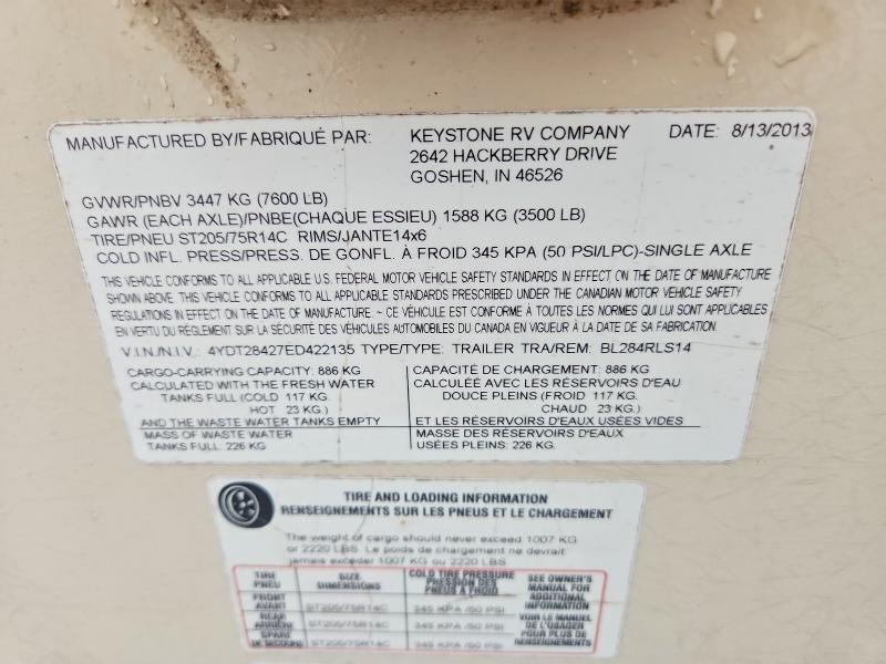 55391206 :رقم المزاد ، 4YDT28427ED422135 vin ، 2014 Keystone Bullet مزاد بيع