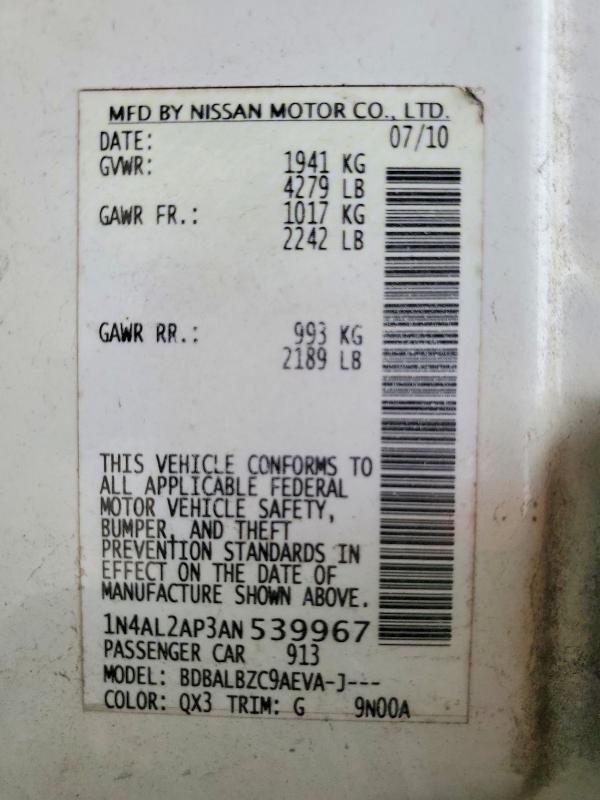 52321326 :رقم المزاد ، 1N4AL2AP3AN539967 vin ، 2010 Nissan Altima مزاد بيع