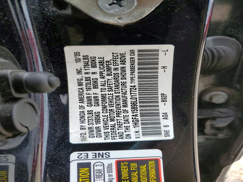 Auction sale of the 2006 Honda Civic, vin: 1HGFA15896L017724, lot number: 52989806