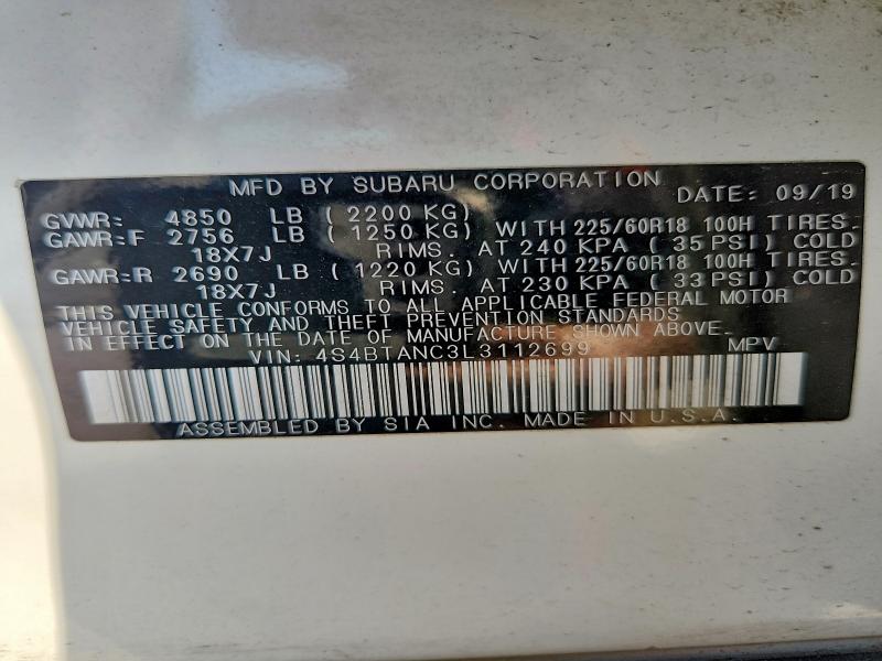 53757826 :رقم المزاد ، 4S4BTANC3L3112699 vin ، 2020 Subaru Outback مزاد بيع
