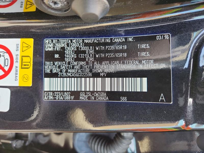 54728706 :رقم المزاد ، 2T2BZMCA5GC022596 vin ، 2016 Lexus Rx 350 مزاد بيع