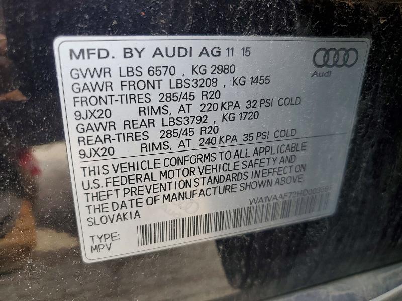 52770876 :رقم المزاد ، WA1VAAF72HD003591 vin ، 2017 Audi Q7 مزاد بيع