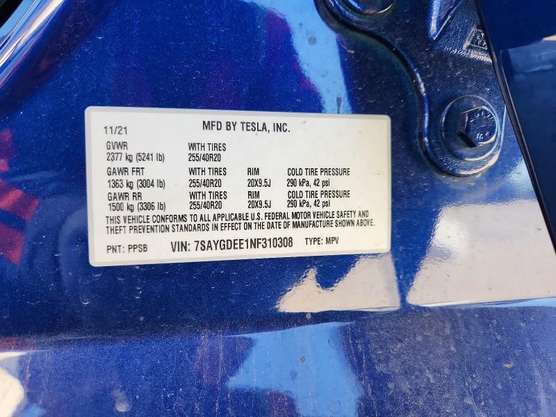 Продажа на аукционе авто 2022 Tesla Model Y, vin: 7SAYGDEE1NF310308, номер лота: 54004306