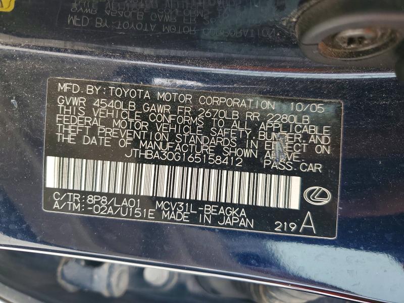 52819506 :رقم المزاد ، JTHBA30G165158412 vin ، 2006 Lexus Es مزاد بيع