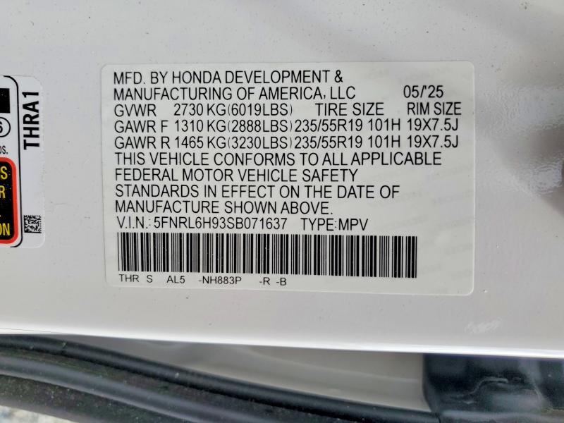 Продажа на аукционе авто 2025 Honda Odyssey, vin: 5FNRL6H93SB071637, номер лота: 52762106
