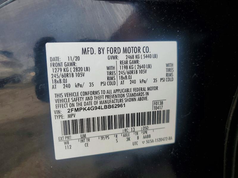 54957396 :رقم المزاد ، 2FMPK4G94LBB62961 vin ، 2020 Ford Edge مزاد بيع