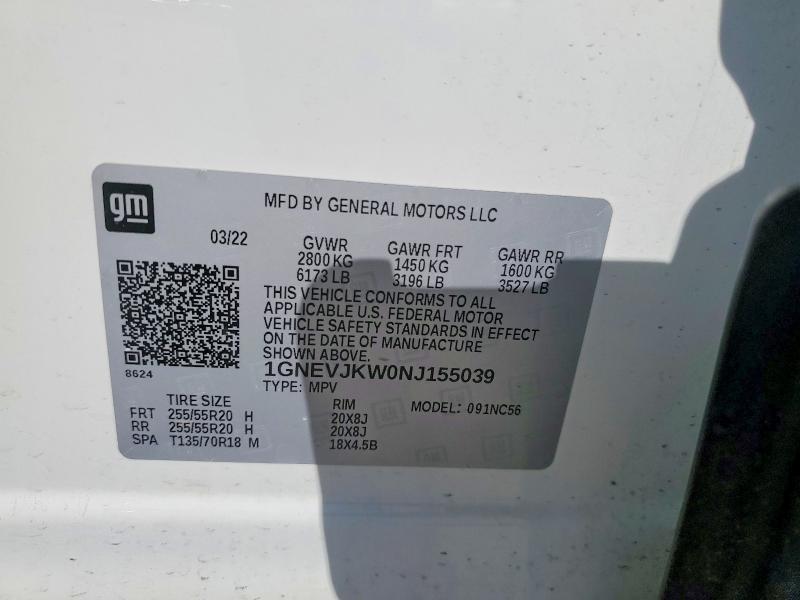 Aukcja sprzedaży 2022 Chevrolet Traverse, vin: 1GNEVJKW0NJ155039, numer aukcji: 53778646