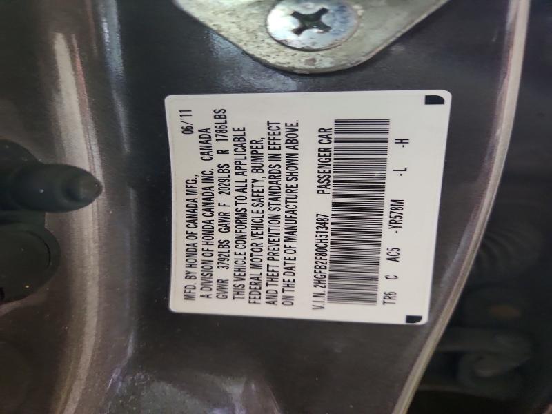 Продаж на аукціоні авто 2012 Honda Civic, vin: 2HGFB2F80CH513487, номер лоту: 54395016