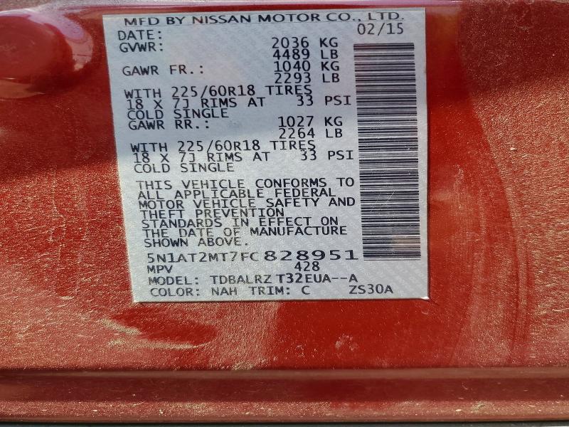 2015 Nissan Rogue მანქანა იყიდება აუქციონზე, vin: 5N1AT2MT7FC828951, აუქციონის ნომერი: 54341056