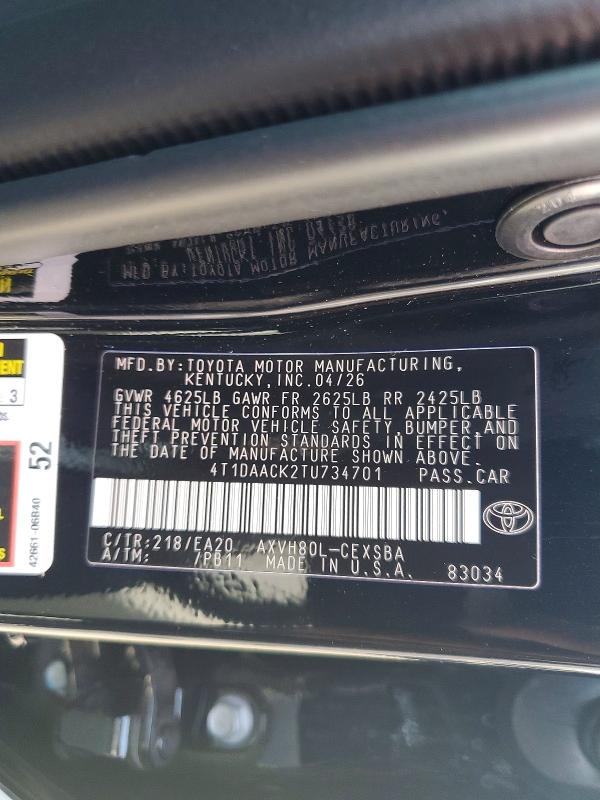 Продажа на аукционе авто 2026 Toyota Camry, vin: 4T1DAACK2TU734701, номер лота: 54511706