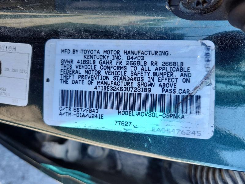 52227056 :رقم المزاد ، 4T1BE32K63U723189 vin ، 2003 Toyota Camry مزاد بيع