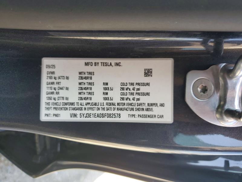 2025 Tesla Model 3 მანქანა იყიდება აუქციონზე, vin: 5YJ3E1EA0SF082578, აუქციონის ნომერი: 53534966