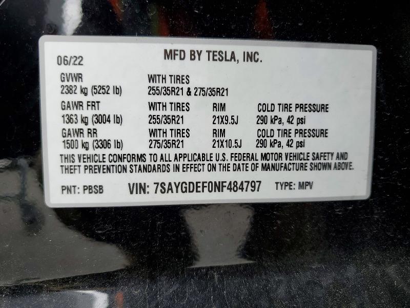 50522156 :رقم المزاد ، 7SAYGDEF0NF484797 vin ، 2022 Tesla Model Y مزاد بيع
