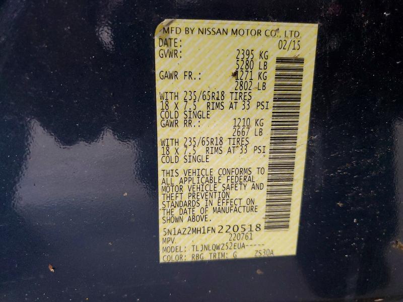 54467176 :رقم المزاد ، 5N1AZ2MH1FN220518 vin ، 2015 Nissan Murano مزاد بيع