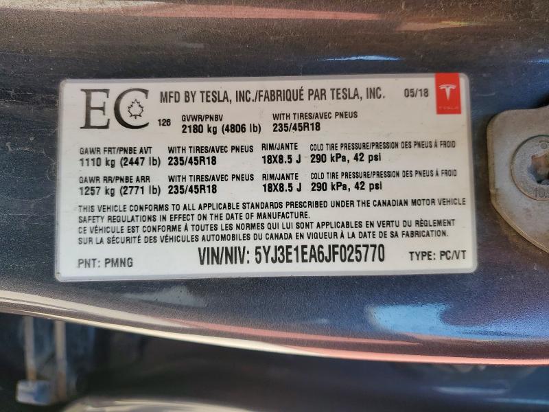 50438916 :رقم المزاد ، 5YJ3E1EA6JF025770 vin ، 2018 Tesla Model 3 مزاد بيع
