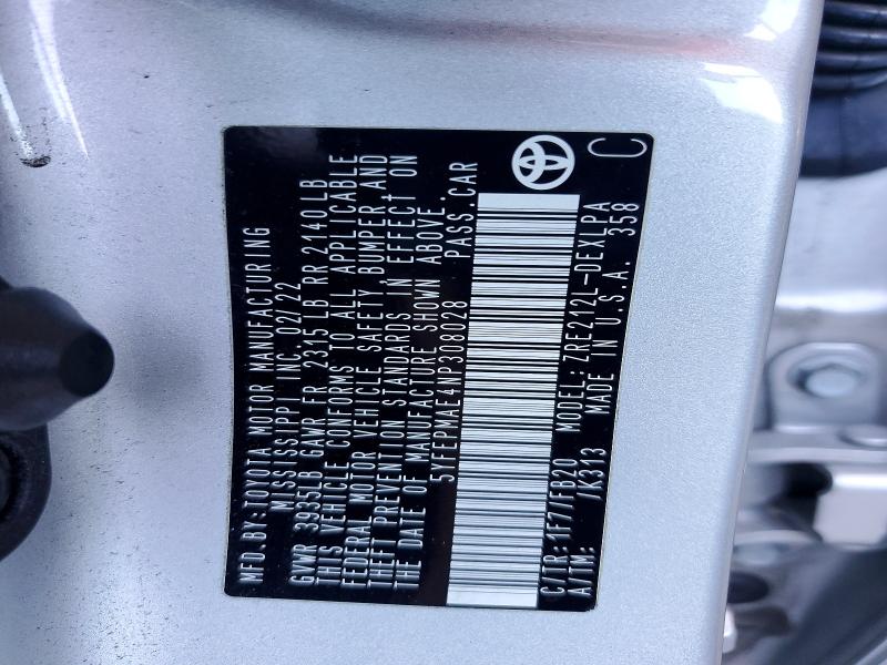 54833686 :رقم المزاد ، 5YFEPMAE4NP308028 vin ، 2022 Toyota Corolla مزاد بيع