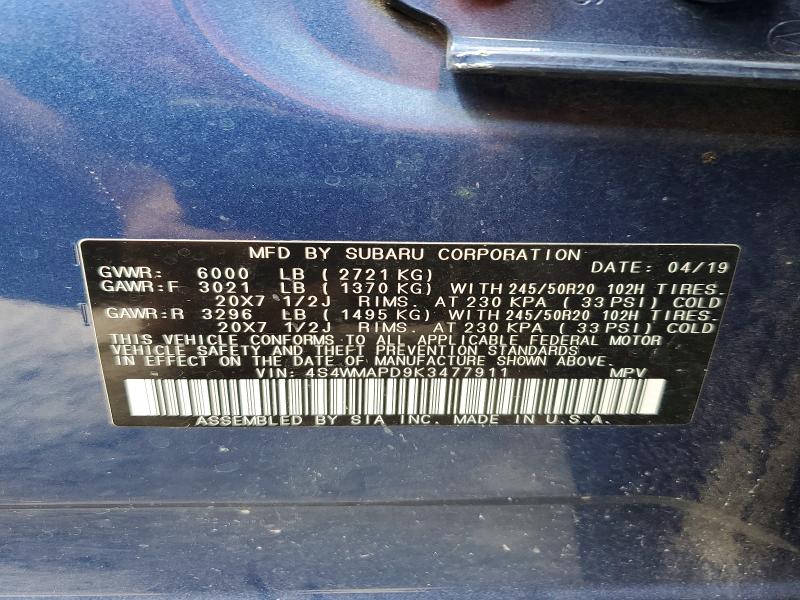 2019 Subaru Ascent მანქანა იყიდება აუქციონზე, vin: 4S4WMAPD9K3477911, აუქციონის ნომერი: 52578826