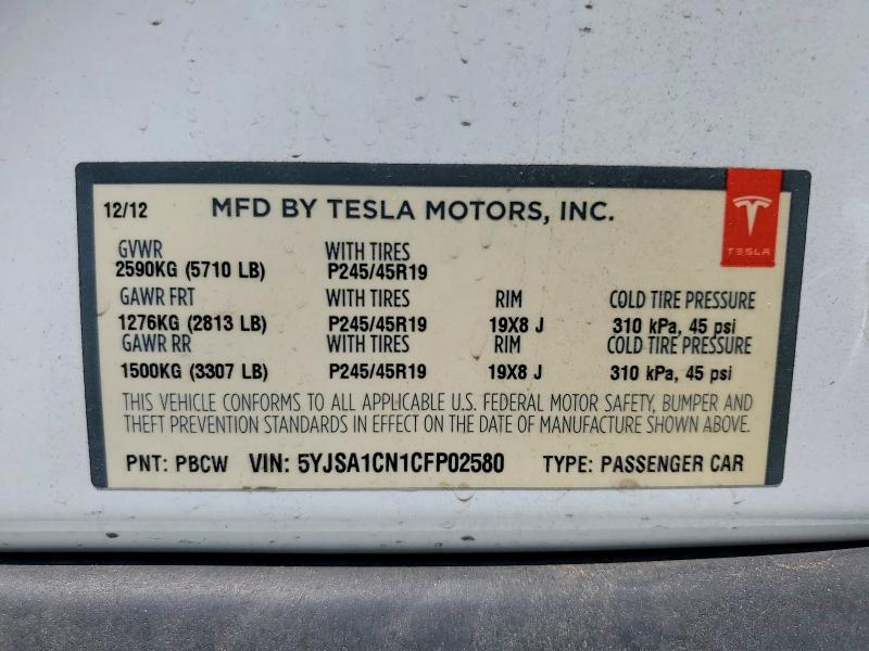 Aukcja sprzedaży 2012 Tesla Model S, vin: 5YJSA1CN1CFP02580, numer aukcji: 55215436