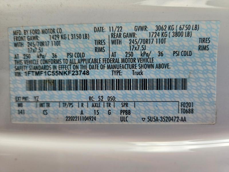 2022 Ford F150 მანქანა იყიდება აუქციონზე, vin: 1FTMF1C55NKF23748, აუქციონის ნომერი: 53206516