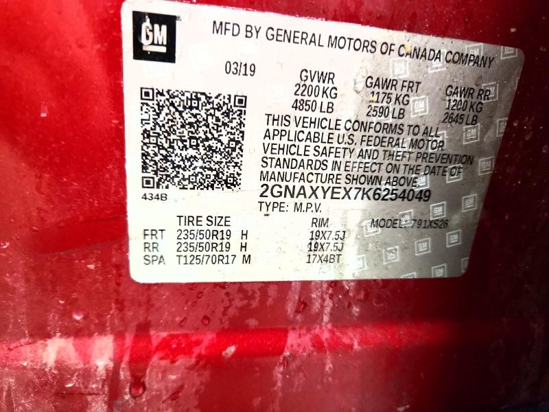 53474286 :رقم المزاد ، 2GNAXYEX7K6254049 vin ، 2019 Chevrolet Equinox مزاد بيع