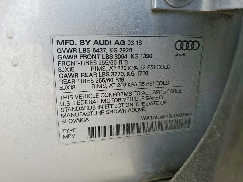 2018 Audi Q7 მანქანა იყიდება აუქციონზე, vin: WA1AHAF70JD035861, აუქციონის ნომერი: 53312056