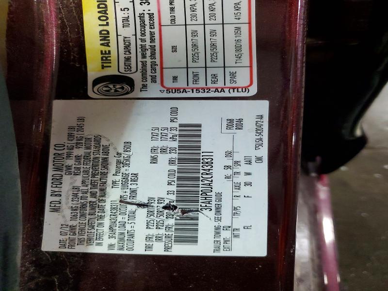 Aukcja sprzedaży 2012 Ford Fusion, vin: 3FAHP0JA2CR438311, numer aukcji: 54968876