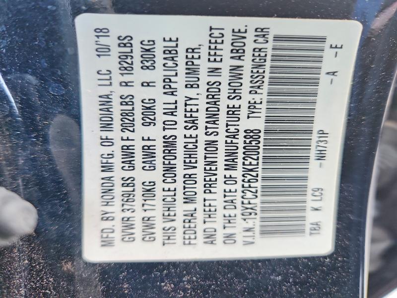 Продаж на аукціоні авто 2019 Honda Civic, vin: 19XFC2F62KE200588, номер лоту: 53662266