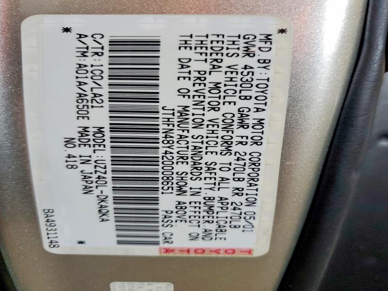 2002 Lexus Sc მანქანა იყიდება აუქციონზე, vin: JTHFN48Y420008651, აუქციონის ნომერი: 53754536