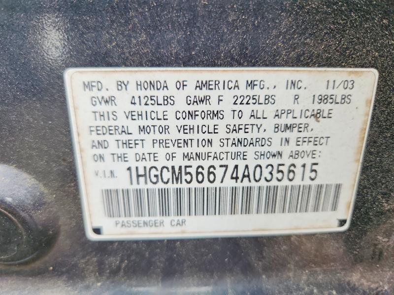 Продаж на аукціоні авто 2004 Honda Accord, vin: 1HGCM56674A035615, номер лоту: 52624476