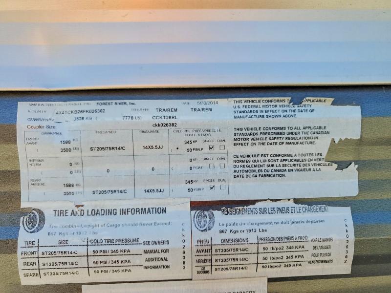 2015 Foresriver Grey Wolf მანქანა იყიდება აუქციონზე, vin: 4X4TCKB26FK026382, აუქციონის ნომერი: 49196566