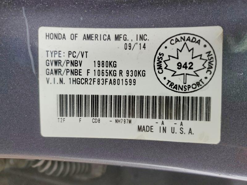 52702386 :رقم المزاد ، 1HGCR2F83FA801599 vin ، 2015 Honda Accord مزاد بيع
