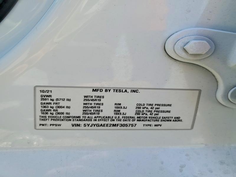 51909806 :رقم المزاد ، 5YJYGAEE2MF305757 vin ، 2021 Tesla Model Y مزاد بيع