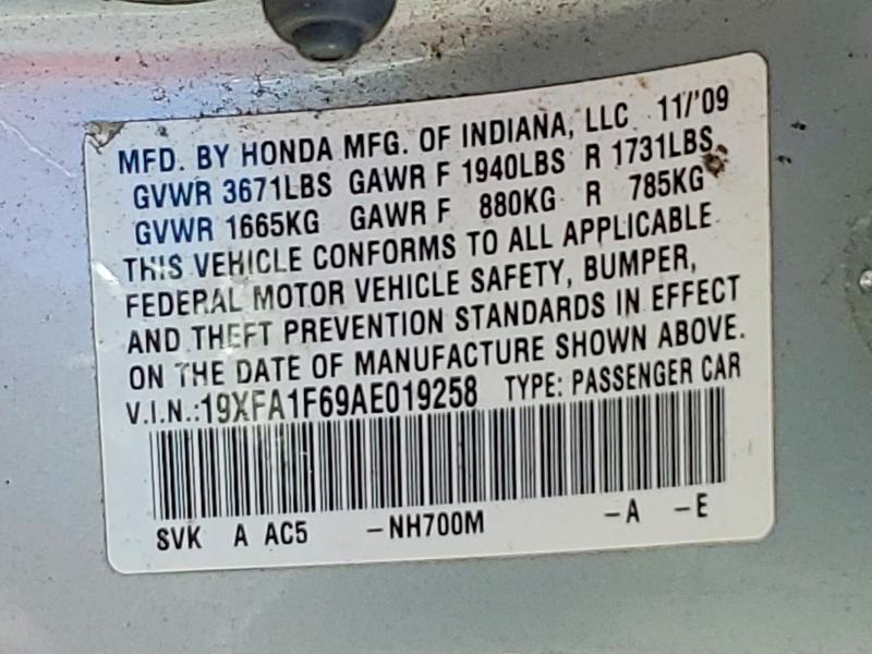 52171996 :رقم المزاد ، 19XFA1F69AE019258 vin ، 2010 Honda Civic مزاد بيع