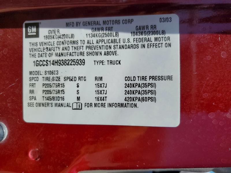 Aukcja sprzedaży 2003 Chevrolet S Truck, vin: 1GCCS14H938225939, numer aukcji: 54136866