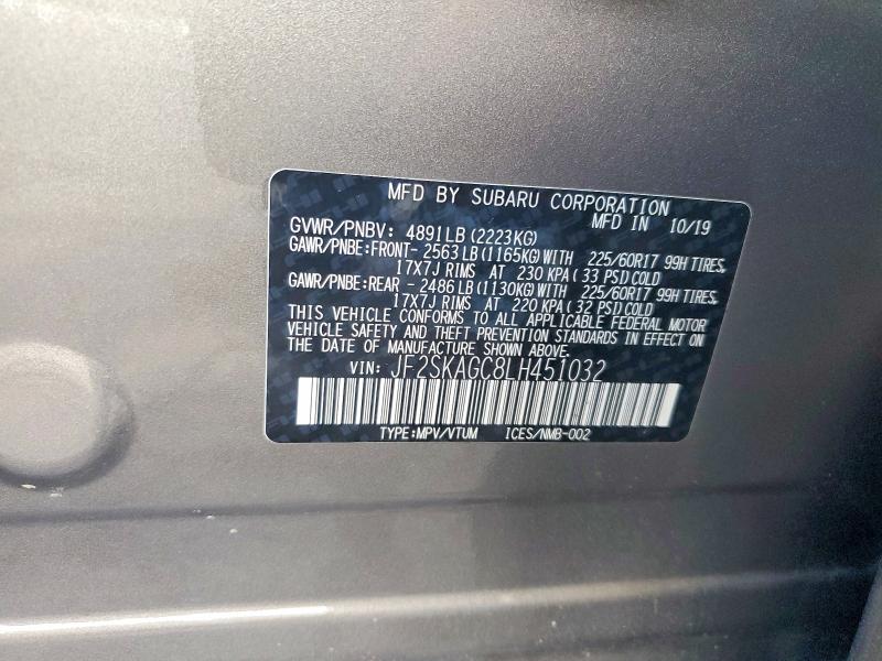 Auction sale of the 2020 Subaru Forester, vin: JF2SKAGC8LH451032, lot number: 54469806